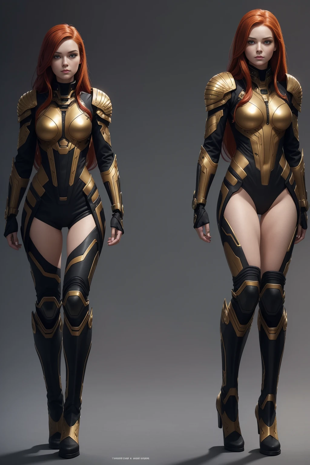 Best quality, model sheet, intricate details, set of character, woman, scifi warrior, perfect face, long eyelashes, red hair, black and gold scifi suit with small lights scattered across the torso, arms and legs, high boots