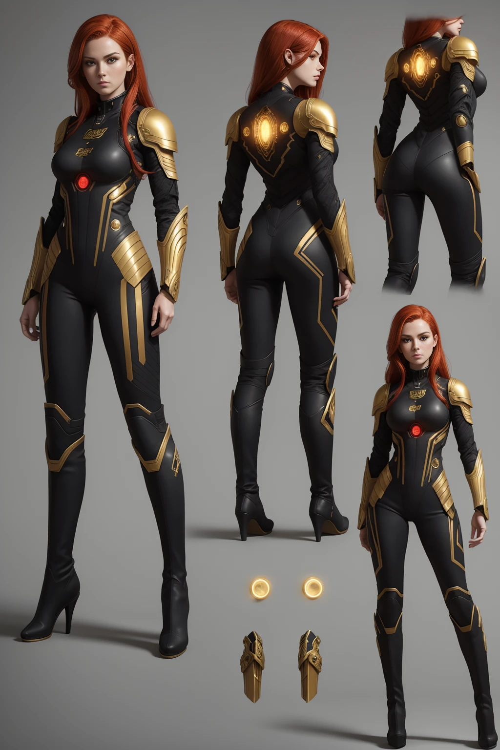 Best quality, model sheet, intricate details, set of character, woman, scifi warrior, perfect face, long eyelashes, red hair, black and gold scifi suit with small lights scattered across the torso, arms and legs, high boots