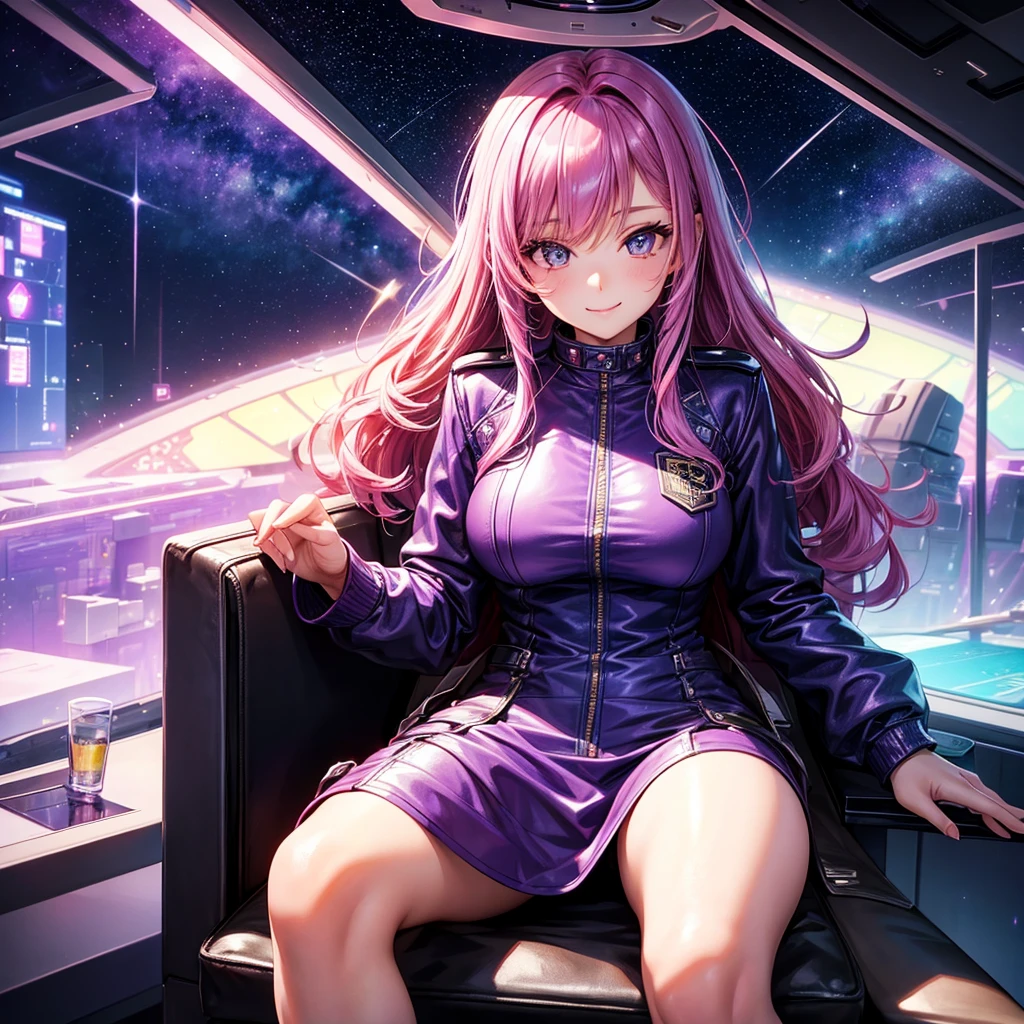 A young sexy woman with long purple hair and sexy clothes sits in a spaceship seat、A beautiful starry sky can be seen from the window.。smile，leather jacket，Future Fashion，Angel Girl，Pink Hair，Horny girl，High-dimensional beautiful girl，Multidimensional beautiful girl，colorful hair colors