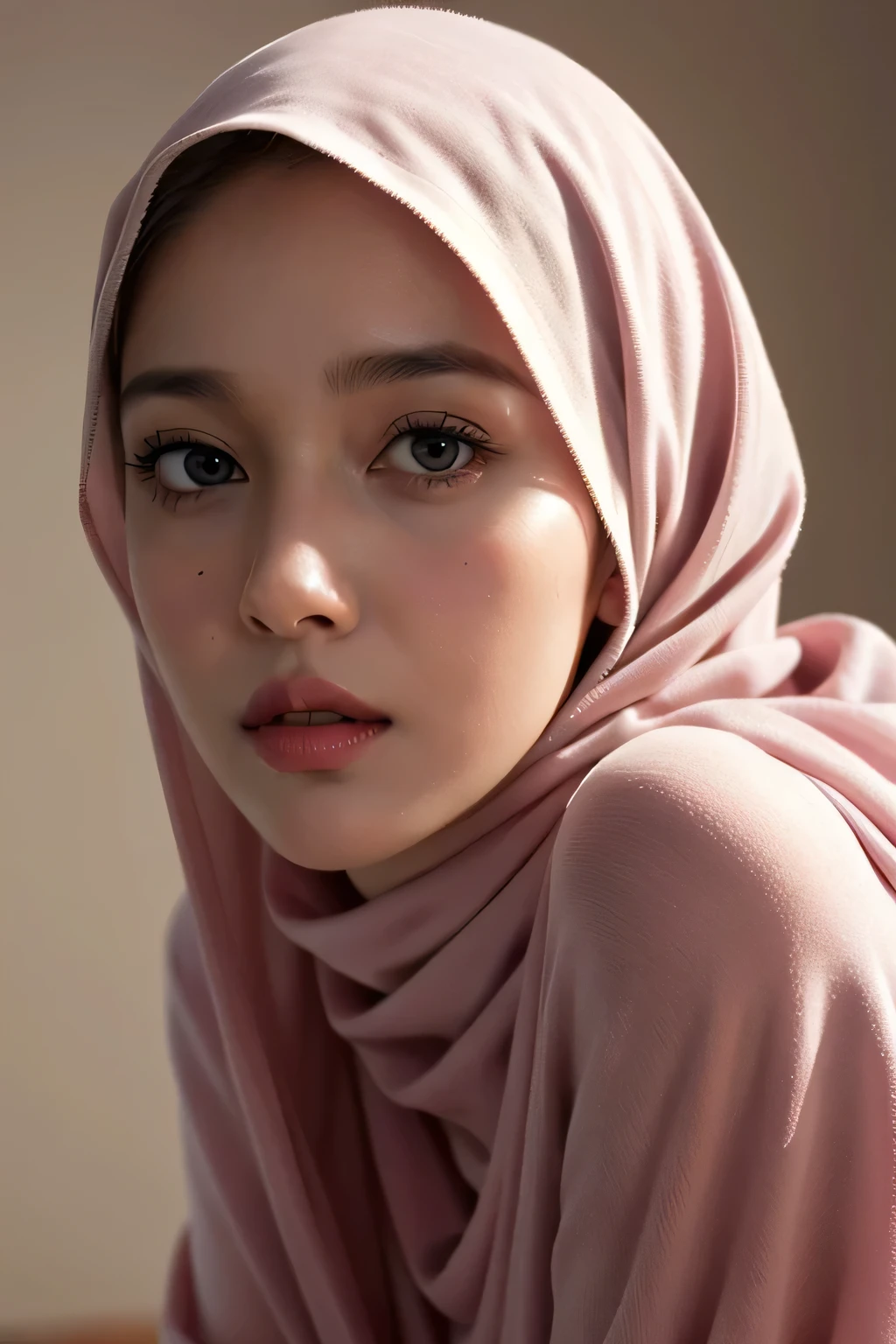 Realistic photo,wearing dress and long hijab, look from side, hyperrealistic, masterpiece, sweet ekspresion, melancholy , closeup photo, bright eyes, sexy lips, detailed makeup, detailed eyes cornea, wearing hijab no hair looks, blush pink cheek