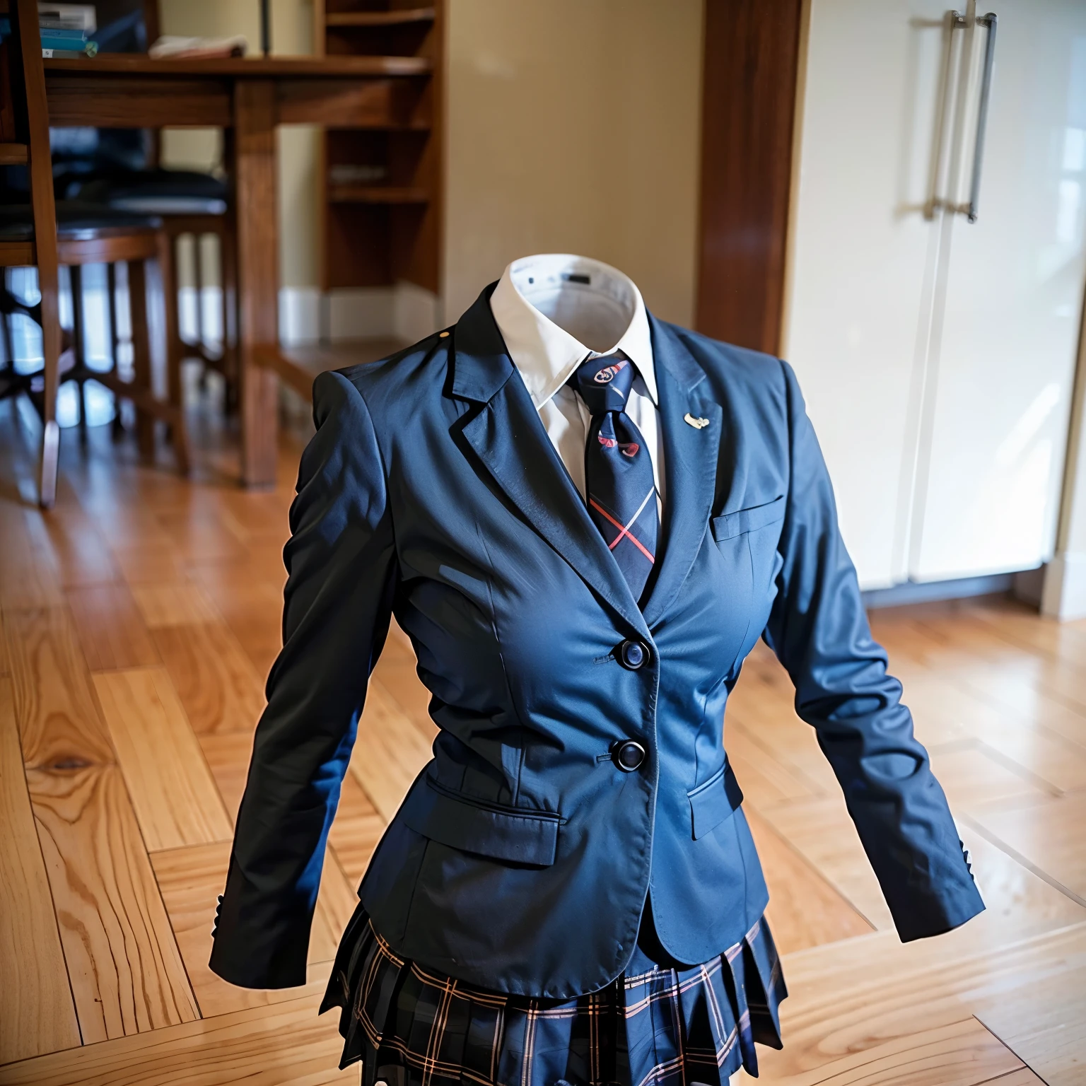 school blazer laid on floor, plaid skirt, stripe tie, fat, cute big breasts, (invisible, no human, headless, handless:1.5)