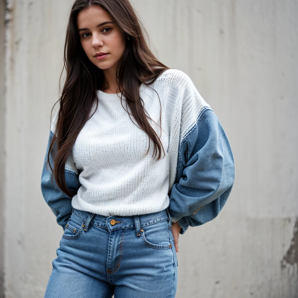 girl in white knitted sweater, blue jeans, long dark hair, big chest