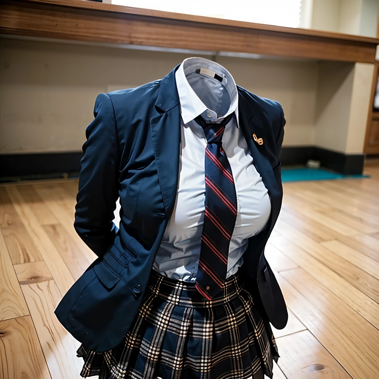 school blazer laid on floor, plaid skirt, stripe tie, fat, cute big breasts, (invisible, no human, headless, handless:1.5)