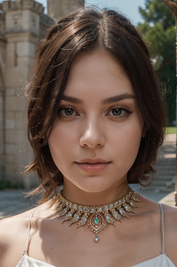1girl in, 30 years old, Square face, Long hair, Looking at viewer, jewelry, Realistic, Sexy, princess outfit, castle background, free pose