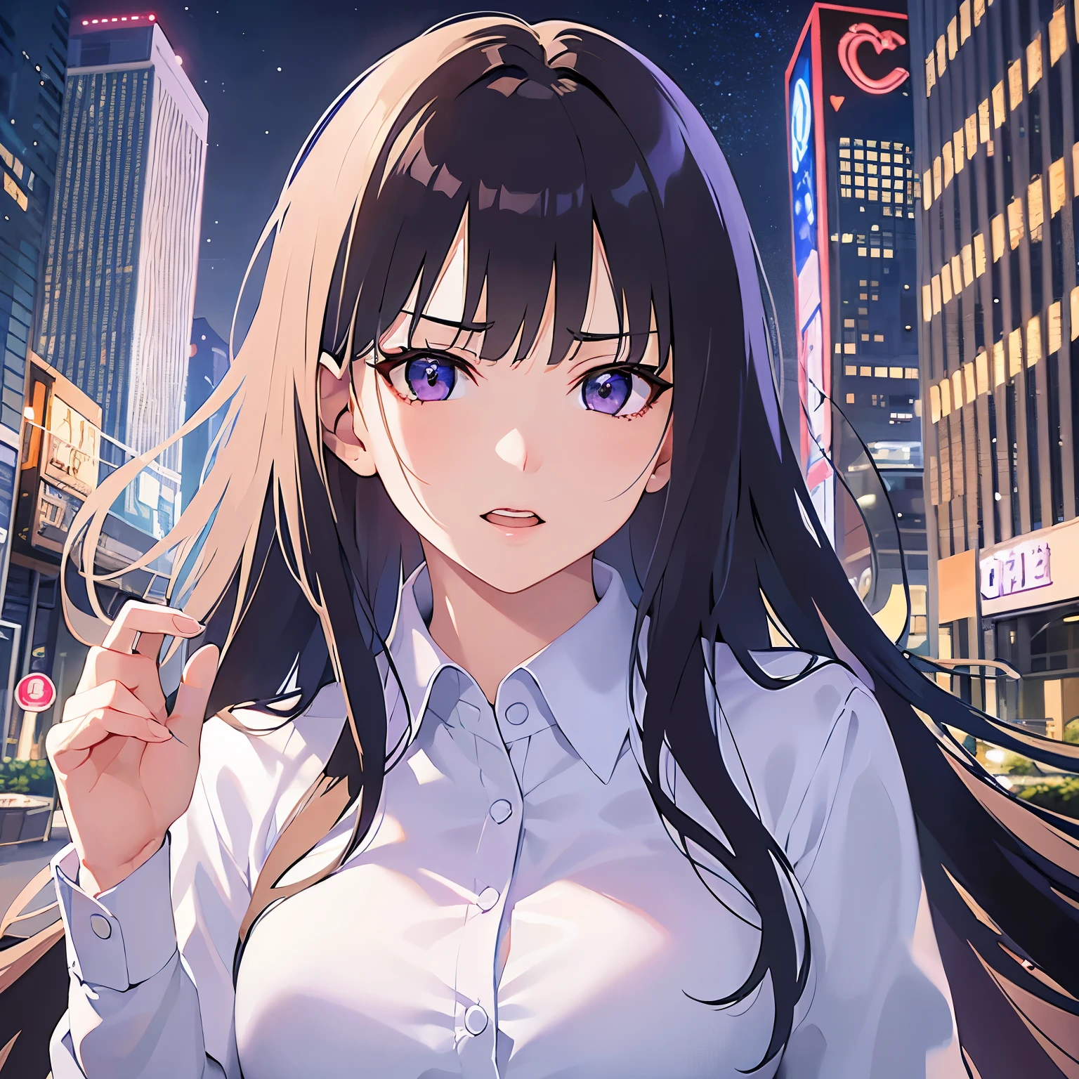 Detailed CG, Ultra-fine illustrations,masterpiece,highest quality, AW Photos,Realistic,Upper Body,BREAK(white collared shirt:1.5)BREAK,(Pale skin:1.2),Shiny skin Shiny Hair,(A 26-year-old woman with straight hair and bangs)and(Medium Hair)and(Black Hair)and(Purple eyes),(annoyed:1.3),(hand up:1.3)and(Biologically correct５Fingesurprised)and(missing fingers),The background is a night city,alone