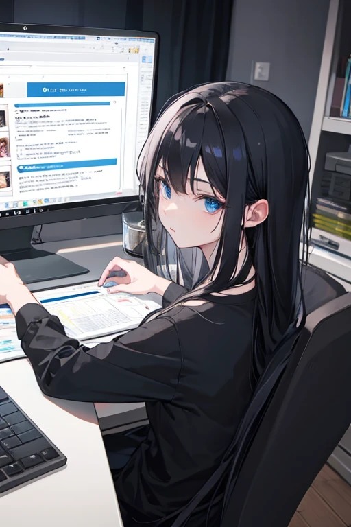 cute man with long black hair, wearing black shirt, using the computer in a room, 8k