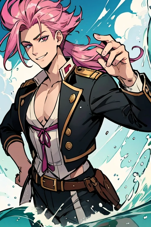 A handsome pink haired man with violet eyes with long hair in a pirate's uniform is splashing in the waves with a big smile