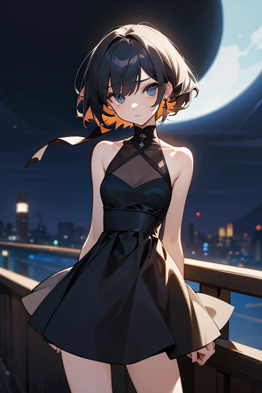 Night dress、shortの巻き髪、beautiful girl、black Sleeveless 、slender、Model Body Type、Ideal Style、 Slim and cute、One off-the-shoulder 、