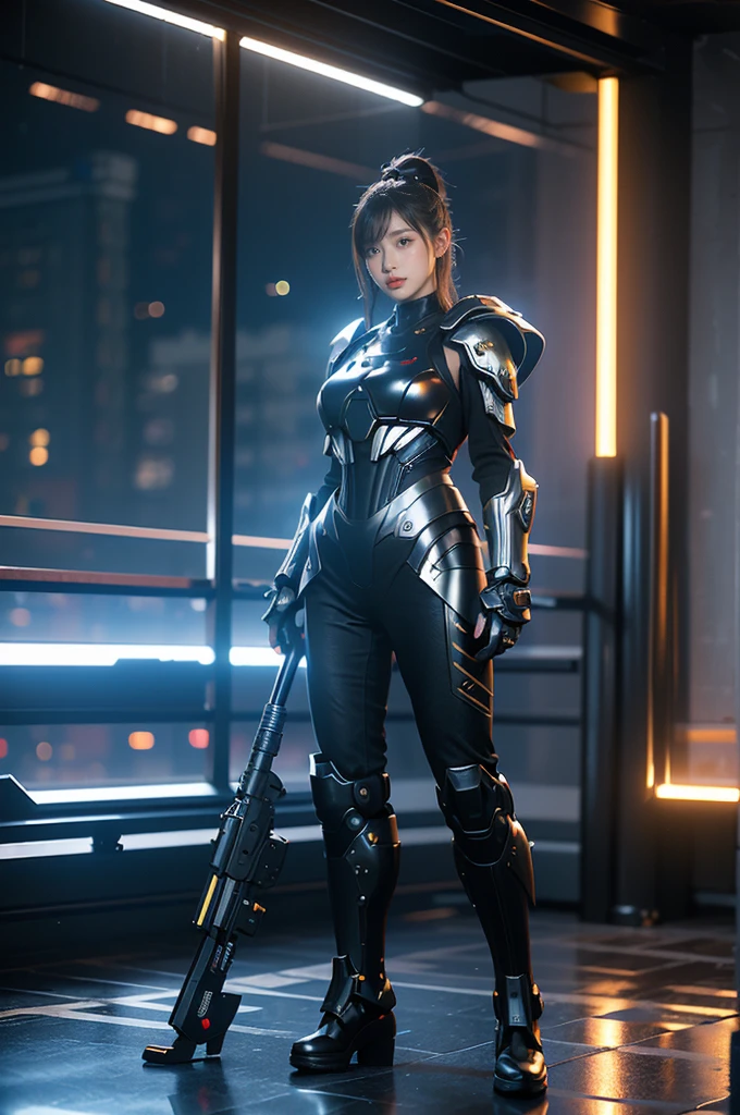 Game Art,Best image quality,Maximum resolution,8K,((A bust photo)),((portrait)),(Rule of Thirds),Unreal Engine 5 rendering works, (Future girl),(Female Warrior), 22-year-old young hacker),(Oriental hairstyle),(Beautiful eyes full of details),(Large Breasts),(Eyeshadow),Elegant and charming,indifferent,((frown)),(Combat uniforms full of futuristic technology,This costume combines futuristic power armor and,Clothing is decorated with glittering patterns and emblems),Cyberpunk Characters,in the style of futuristic, Photo poses,City background,lamp,Ray Tracing,Game CG,((3D Unreal Engine)),OC rendering reflection mode