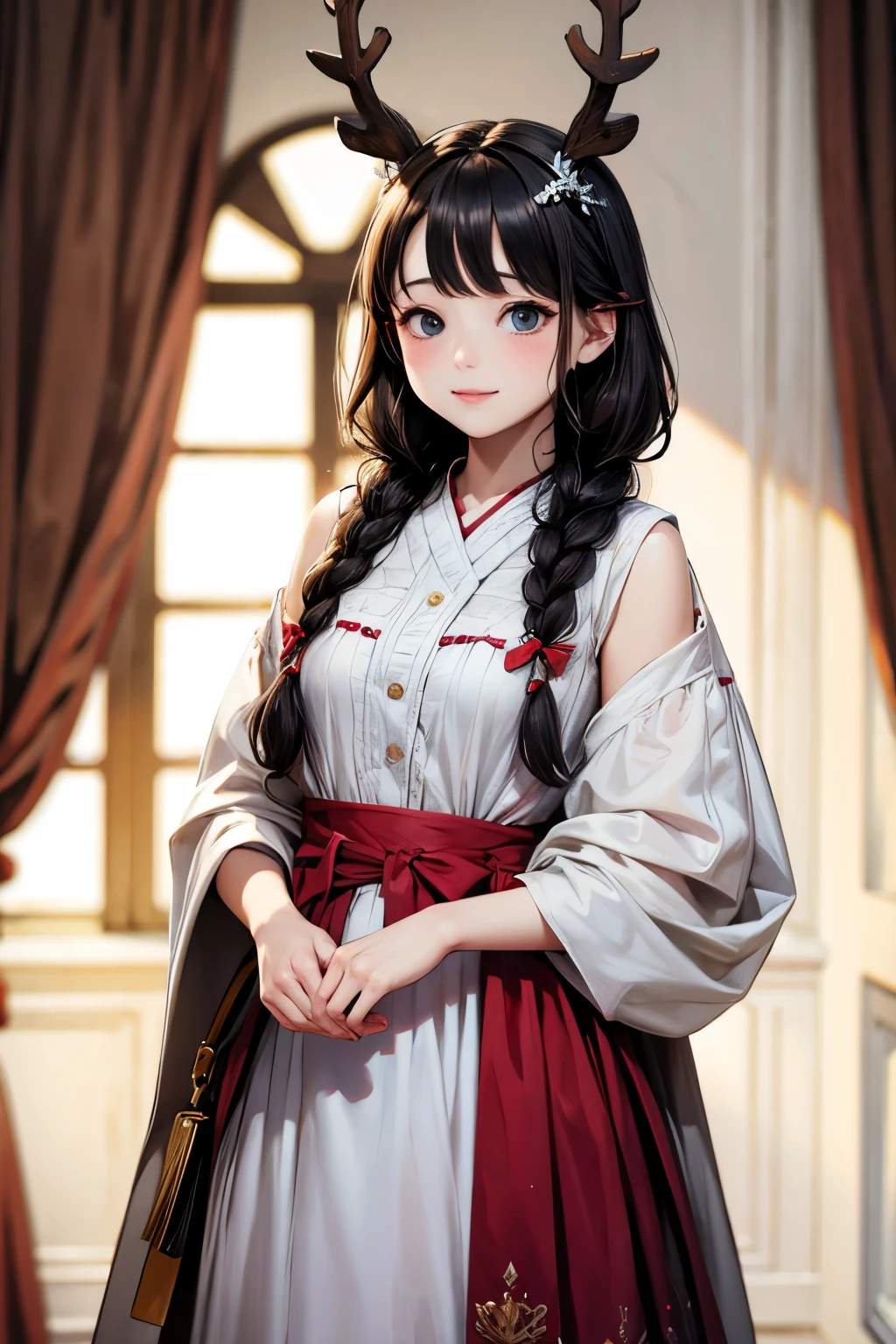 best qualityer,work of art, 1 girl, standing alone, modelling, incredible, Aline, (((wore))), antlers, deer ears, look at the users, ssmile, blush, clip,(( braid)), hair ornamen, ((hair clip)),