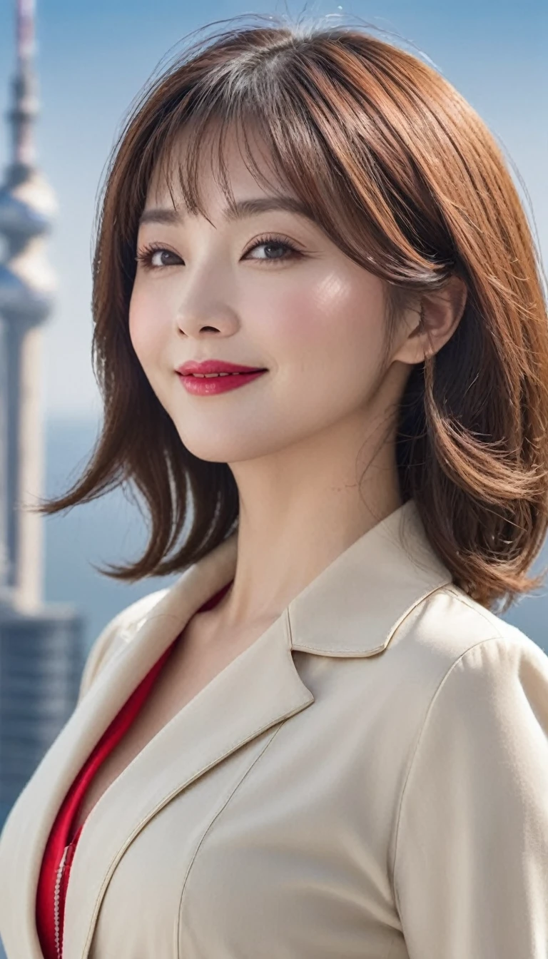 (Hyper Real)、Future female pilots、(((Big big boobs)))、(((Big big cleavage)))、(((Beautiful))) high resolution High resolution Realistic short hair Blonde Mature、Mature Woman、Middle-aged women、((Delicate skin texture))、超High resolution、Realistic、(((Chubby body type)))、Smiling face、Middle-aged beauty、Beautiful expression、Fluffy hair with fine golden iron、非常に繊細でDelicate skin texture、A 45-year-old MILF pilots a gigantic space station、Mature Pilot Batlight Red Lips、((Wear a red flight suit))、(((alone)))、