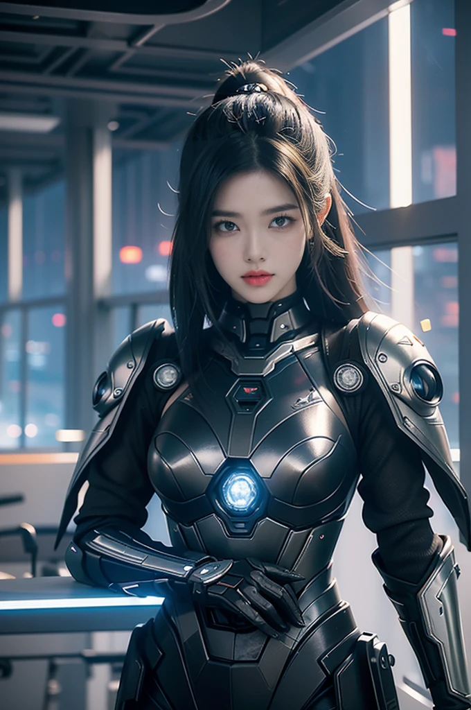 Game Art,Best image quality,Maximum resolution,8K,((A bust photo)),((portrait)),(Rule of Thirds),Unreal Engine 5 rendering works, (Future girl),(Female Warrior), 22-year-old young hacker),(Oriental hairstyle),(Beautiful eyes full of details),(Large Breasts),(Eyeshadow),Elegant and charming,indifferent,((frown)),(Combat uniforms full of futuristic technology,This costume combines futuristic power armor and,Clothing is decorated with glittering patterns and emblems),Cyberpunk Characters,in the style of futuristic, Photo poses,City background,lamp,Ray Tracing,Game CG,((3D Unreal Engine)),OC rendering reflection mode