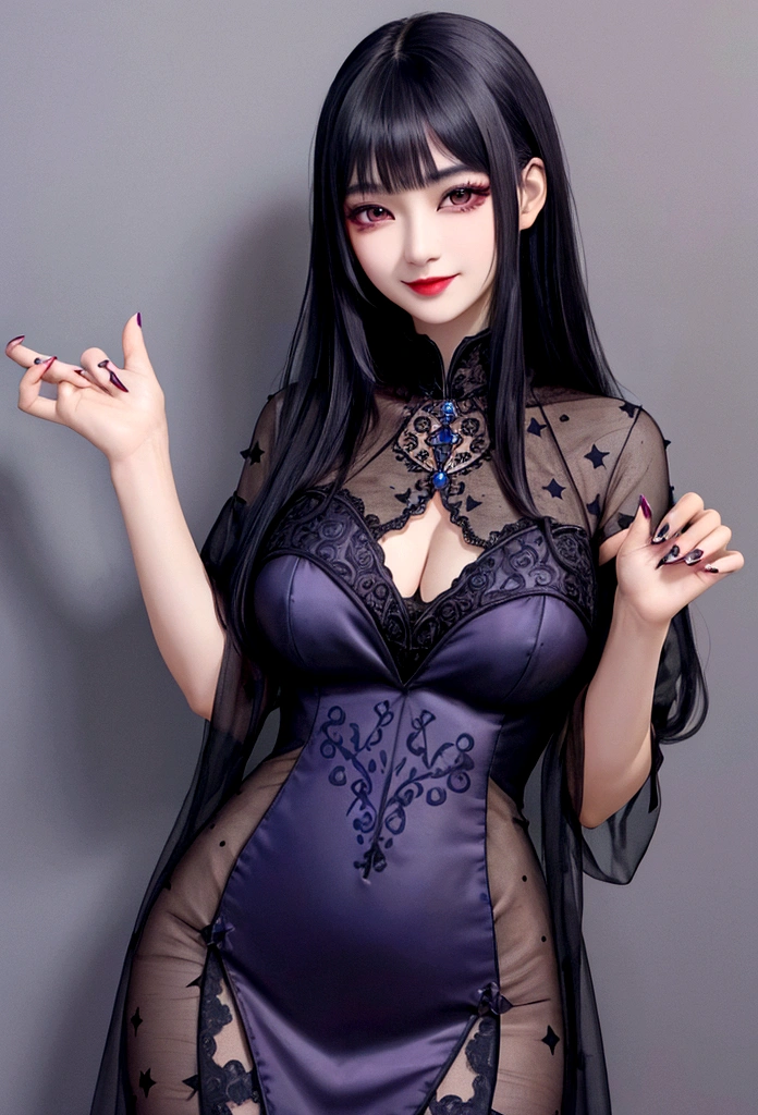 goth woman, Asian, medium breasts, brown eyes, slim eyebrows, long black hair, bangs, black makeup, dark purple dress, smiling, hand on chest, blue star pattern