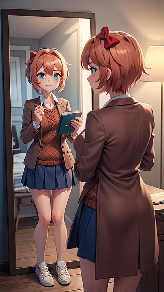Sayori from ddlc, blue eyes, short coral pink hair with a strand between her eyes, red bow in her hair, brown jacket, orange sweater, navy blue skirt, white shoes, Room at night, artificial lighting, looking in the mirror, mirror pose, at night, in the room, bed, desk, some books on a shelf, a window in the room, looking at yourself, mirror pose