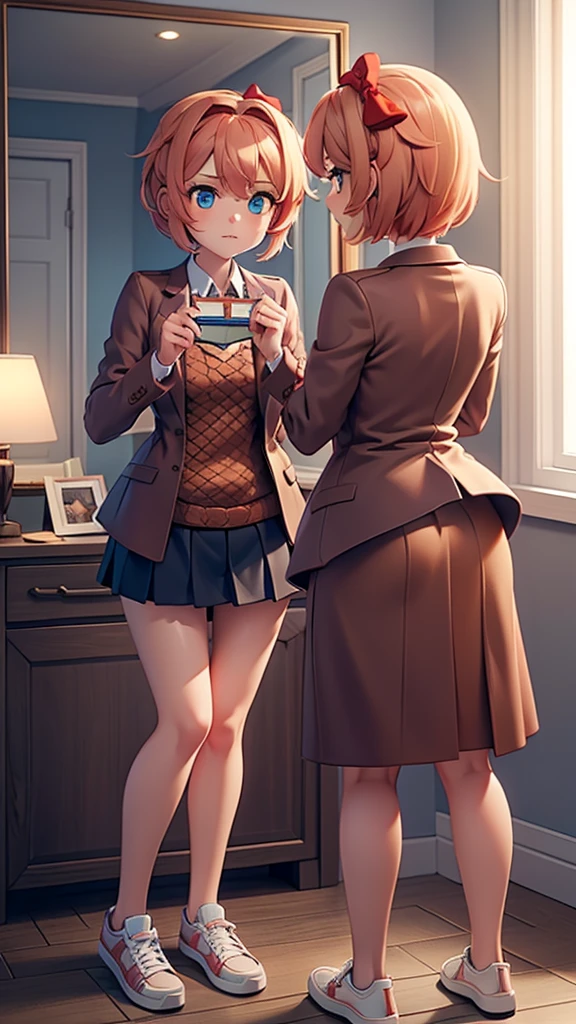 Sayori from ddlc, blue eyes, short coral pink hair with a strand between her eyes, red bow in her hair, brown jacket, orange sweater, navy blue skirt, white shoes, Room at night, artificial lighting, looking in the mirror, mirror pose, at night, in the room, bed, desk, some books on a shelf, a window in the room, looking at yourself, mirror pose