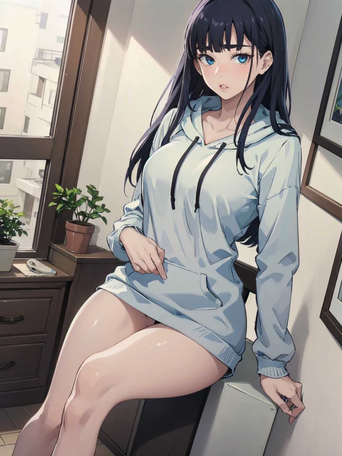 JooRidef, black hair, long hair, blue eyes, large breasts, 
1girl, solo, looking at viewer,Large hoodie, no pants
masterpiece, best quality, standing up, 4k, ultra hd, masterpiece, wallpaper, 26 year old woman, mature woman, perfect image, ultra sharp image, lips seperated, 3/4 body image, indoors, close up, long sleeve, looking all the way up at viewer