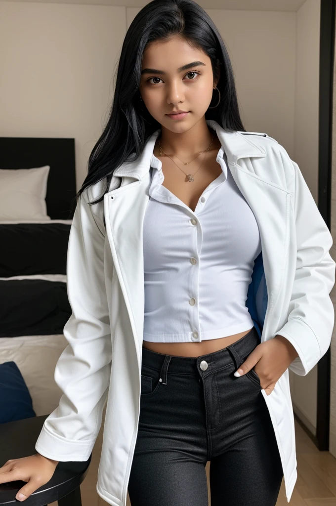  girl with straight black hair, dark brown eyes, white skin, wearing a black jacket and white shirt inside with a bust size 36D and blue pants.