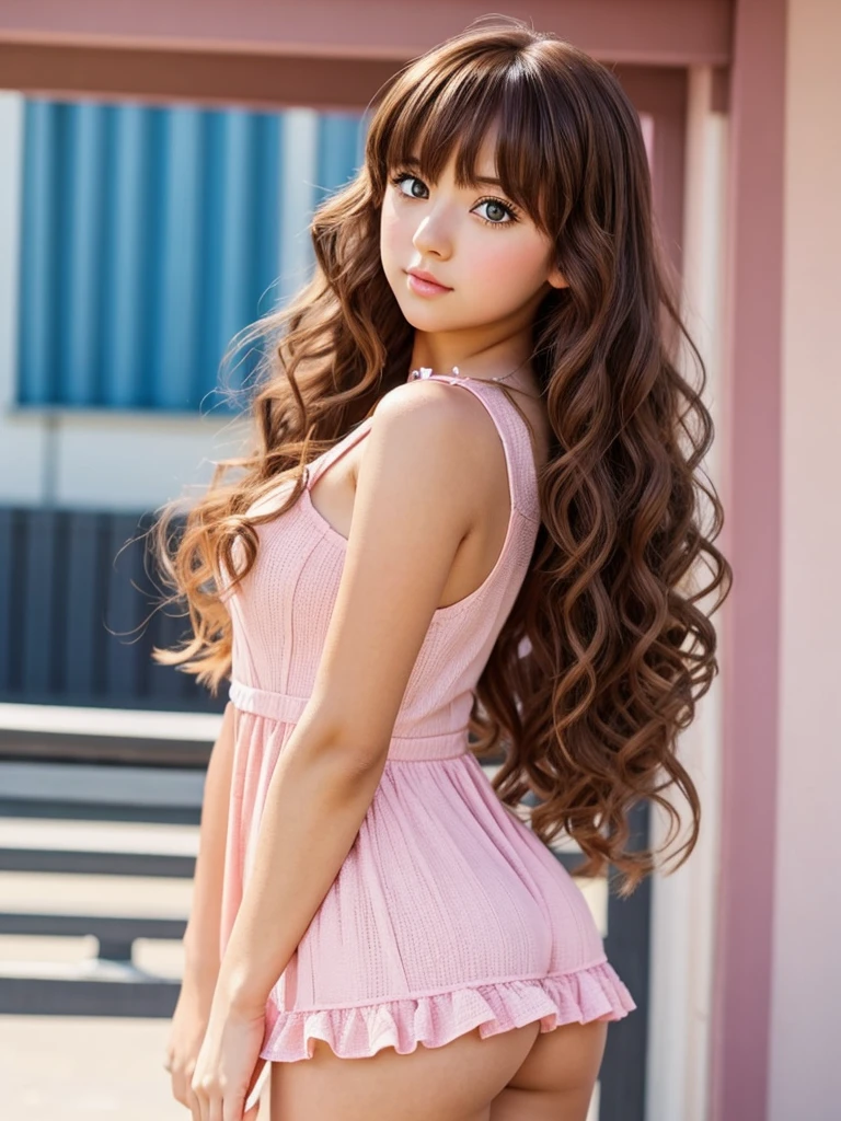 Anime girl, thick, long curly brown hair with bangs, brown eyes, pastel coquette aesthetic