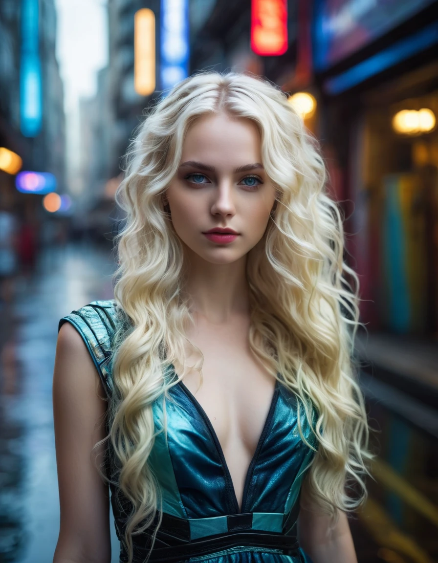 very attractive 25 year old caucaseian girl with long platinum blonde hair, photo of a 25-year-old European girl, RAW, beautiful woman, (extra long wavy platnum blonde hair), ((portrait)), ((detailed face: 1.2)), ((detailed facial features)), (finely detailed skin), pale skin, highly detailed deep neckline cyberpunk dress, megacity environment, (cool colors), damp, damp, reflections, (masterpiece) (perfect proportion)(realistic photo)(best quality) (detailed) photographed on a Canon EOS R5, 50mm lens, F/2.8, HDR, (8k) (wallpaper) (cinematic lighting) (dramatic lighting) (sharp focus) (intricate)