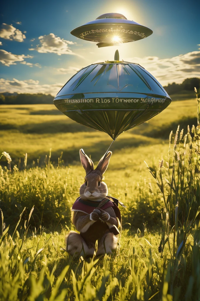 a small anthropomorphic rabbit dressed as robin hood carrying a bow and arrow crouching in the grass as he looks up to a giant UFO in a field in the background, masterpiece, best, photo realistic