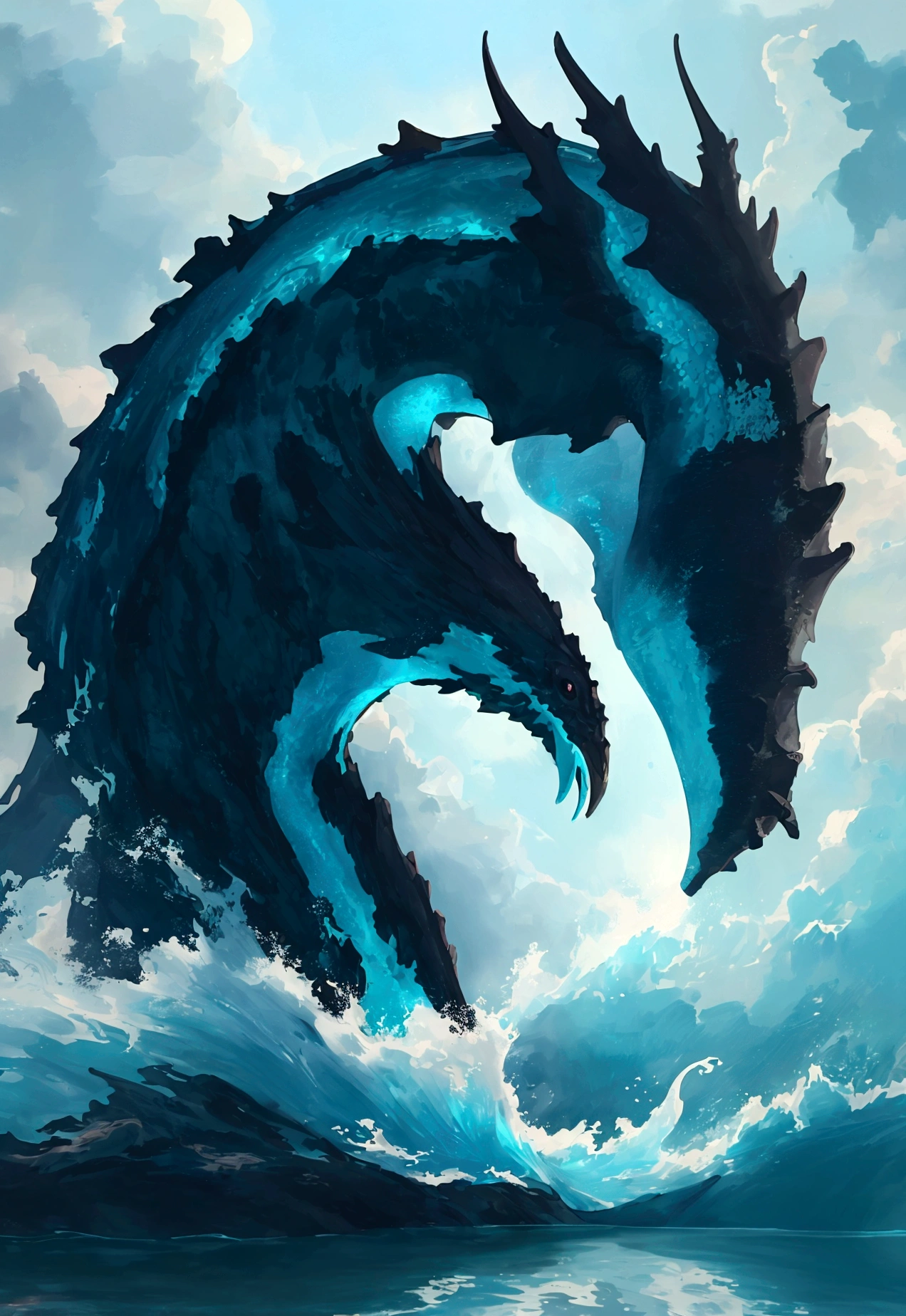"(best quality,highres,realistic:1.37),Loch Ness monster swimming in the ocean,deep turquoise water,rippling waves,giant creature emerging,dark and mysterious depths,vivid colors,subtle sunlight filtering through the water,monster with scaly skin and long neck,large,expressive eyes,splash of water,sense of wonder and awe,mythical creature hiding in plain sight,foggy mist enveloping the scene,dramatic lighting,crisp,detailed textures,hidden depths beneath the surface,reflection of the creature on the water's surface", heaven in sky
