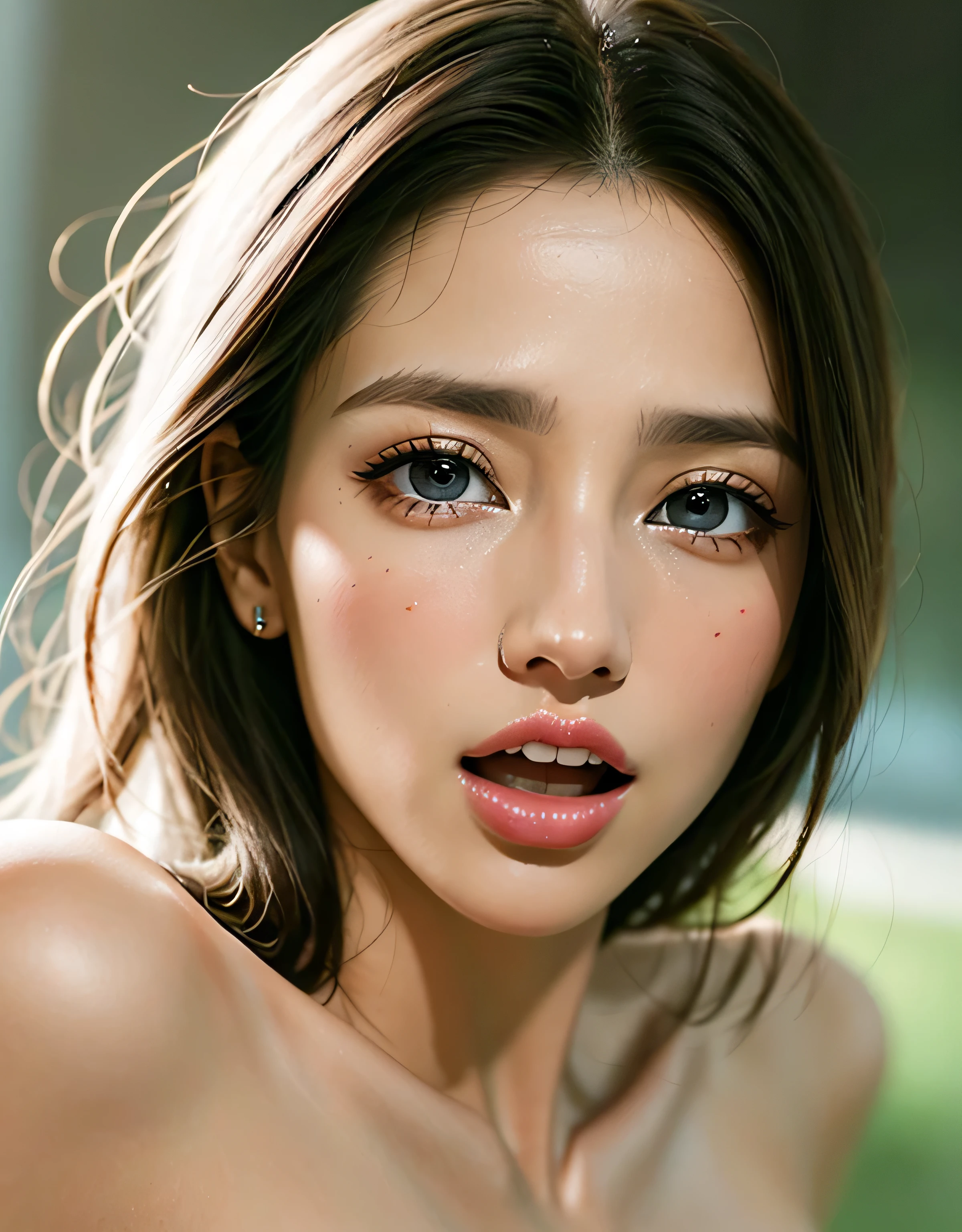 Highest quality、16K high resolution、Super detailed、masterpiece、Live Shooting、Photorealistic:1.4、Hyperrealism:1.4、Sharp focus、Very delicate and beautiful、Fine details、Super beautiful face、Woman with open mouth、Sweat、(Beautiful brown eyes)、(Beautiful Teeth)、woman with edge orgasm_face、perfecteyes eyes