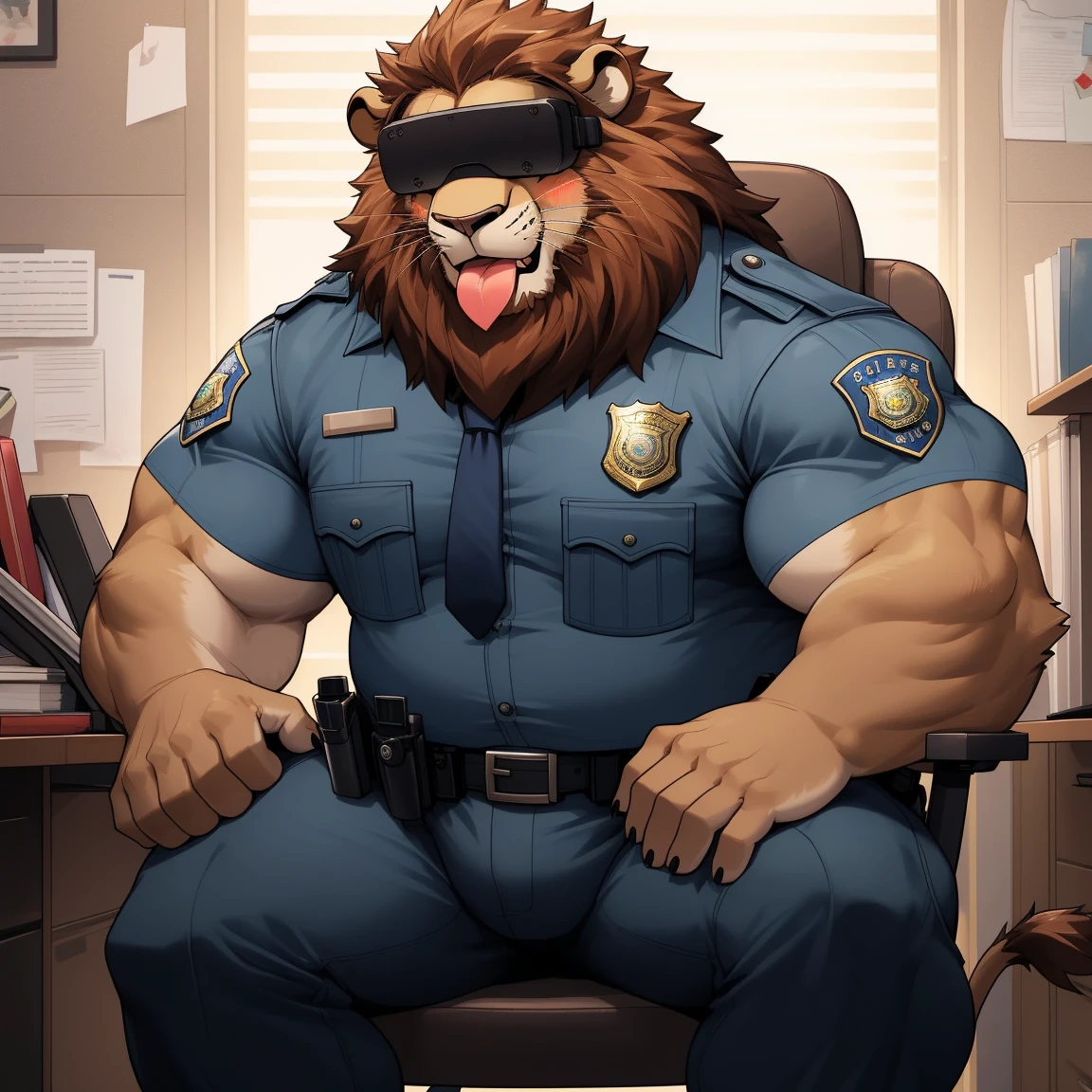 masterpiece, best quality, 8k resolution, Very detailed, hairy,(((lion)),(((Mature))),(((beard))),(((Strong))),(((portrait))),(((police office))),For the audience,(((Police Uniform))),(((sit on the chair))),(((Tongue out))),Highest quality scene,Solitary,solitary,(((whole body))),(((Shameful))),(((Blushing))),((( VR glasses))),(((Legs apart))),(((sweaty))),((Fat-enclosed muscle)),(((Round face))),(((alone))),(((Strong body))),(((Hip bulge))),