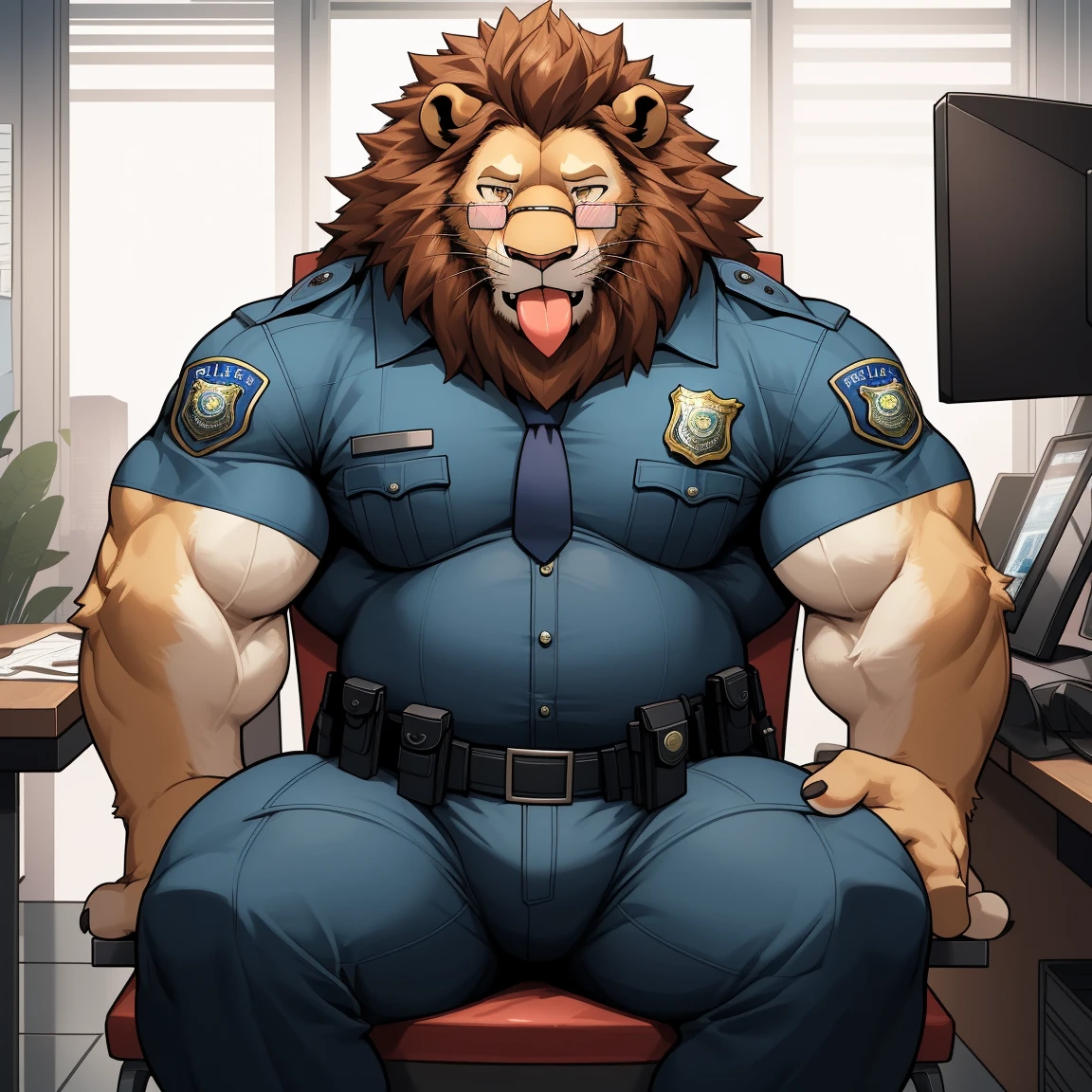 masterpiece, best quality, 8k resolution, Very detailed, hairy，(((lion))，(((Mature)))，(((beard))),(((Strong)))，(((portrait)))，(((police office)))，For the audience，(((Police Uniform))),(((sit on the chair)))，(((Tongue out)))，Highest quality scene，Solitary，solitary，(((whole body)))，(((Shameful)))，(((Blushing)))，((( VR glasses))),(((Legs apart)))，(((sweaty)))，((Fat-enclosed muscle))，(((Round face)))，(((alone)))，(((Strong body)))，(((Hip bulge)))，