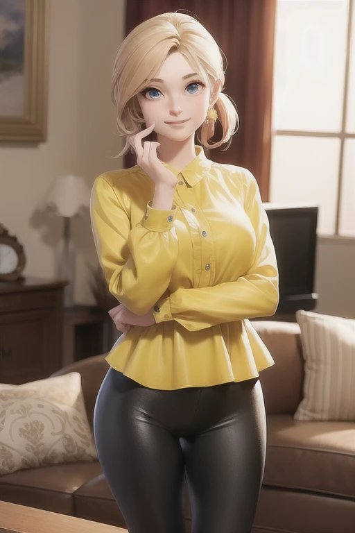 3dmm style,(masterpiece, top quality, best quality, official art, beautiful and aesthetic:1.2), (fractal art:1.3), (Detailed face:1.2), (Detailed eyes:1.2), (Hourglass figure:1.2), 1girl, solo, beautiful middle-aged woman, 36-years-old, tan olive skin, short blonde hair, pony tail hair style, green eyes, approximately 5'2" tall, ((Wearing a yellow blouse and shiny black leggings)), standing in the middle of the living room, couch, TV, carpet, relaxed atmosphere, cinematic lighting, detailed background,
