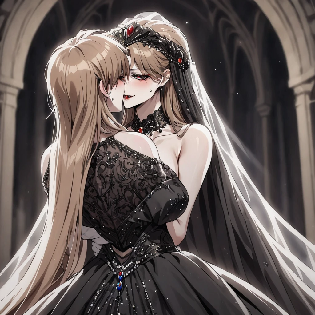 ((Highest quality)), ((masterpiece)), (detailed), (Perfect Face)、The woman was Princess Leona, with medium-long light brown hair, and was wearing a luxurious bridal outfit consisting of a lavishly jeweled black wedding dress, a gorgeous black wedding veil, and gorgeous jeweled accessories.、A woman is married to the majestic vampire Count Dracula, with an embrace and a kiss of vows.