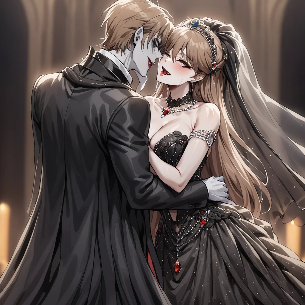 ((Highest quality)), ((masterpiece)), (detailed), (Perfect Face)、The woman was Princess Leona, with medium-long light brown hair, and was wearing a luxurious bridal outfit consisting of a lavishly jeweled black wedding dress, a gorgeous black wedding veil, and gorgeous jeweled accessories.、A woman is married to the majestic vampire Count Dracula, with an embrace and a kiss of vows.