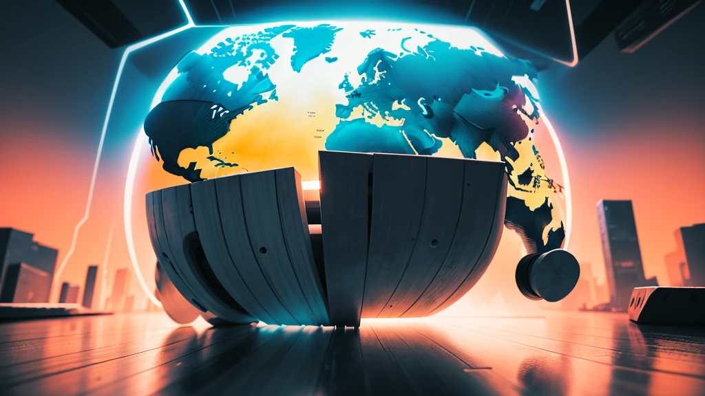 Please generate a technology-themed illustration. The background should feature a world map with some technological circuit lines, presenting technology and innovation. The photo style should be natural, minimalistic, sci-fi, bright, with natural colors.

