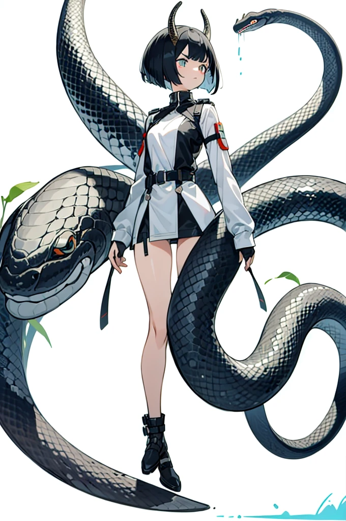 (finely best quality illustration:1.1), (1girl, solo:1.1), (black short hair:1.1), (masterpiece, ultra high quality), (standing), (full body), (1girl), (solo), (female focus), (Singular, large horn), (half human/half snake hybrid human), (Messy bob-cut with sharp bangs), (bangs covering eyes), (big eyebrows), (angry eyes), (long tailbone at rear) (Cute anime snake eyes), (limbless, snake-like female body)