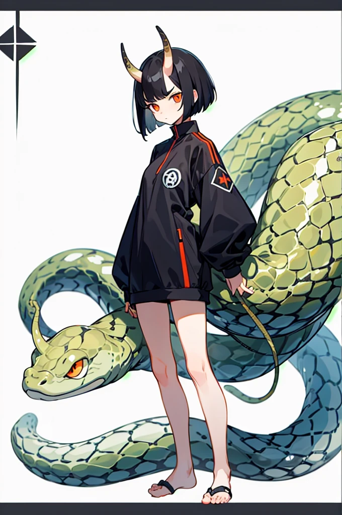 (finely best quality illustration:1.1), (1girl, solo:1.1), (black short hair:1.1), (masterpiece, ultra high quality), (standing), (full body), (1girl), (solo), (female focus), (Singular, large horn), (half human/half snake hybrid human), (Messy bob-cut with sharp bangs), (bangs covering eyes), (big eyebrows), (angry eyes), (long tailbone at rear) (Cute anime snake eyes), (limbless, snake-like female body)