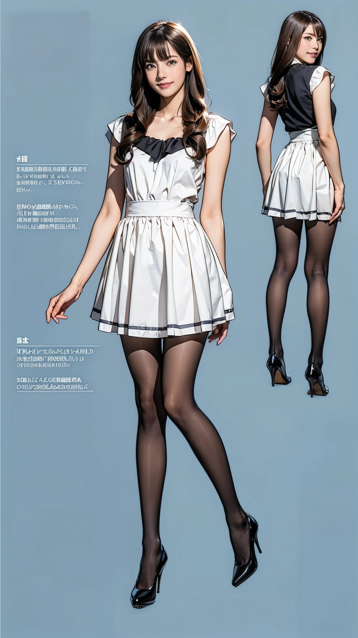 ((masterpiece)),(((Highest quality))),((Character design sheet)),Thin thighs,Long legs,Bunny girl in a light blue maid outfit:1.5,Wearing light blue tights:1.5,The best smile:1.5,Full Body Shot:1.5,Gray background:1.5,Wearing black high heels:1.5,short side waves:1.5,