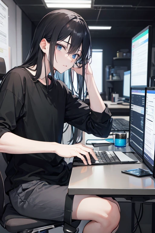 cute man with long black hair, wearing black shirt, using the computer in a room, face turned towards the computer, 8k