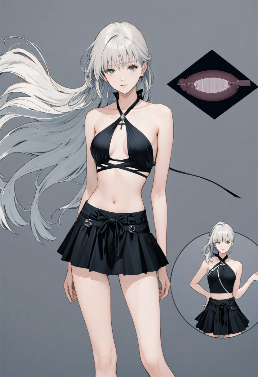Create an image of a bikini swimsuit with a cross-style top. The top features fabric that crosses at the chest, with a halter neck design that ties behind the neck. The cross section includes an opening, adding a touch of sexiness. The bottom part of the swimsuit includes a short flared skirt with hidden shorts underneath. The swimsuit is entirely black in color, with a simple and solid design free of any patterns. The overall appearance should be elegant and chic, emphasizing the clean and minimalistic aesthetic of the swimsuit.