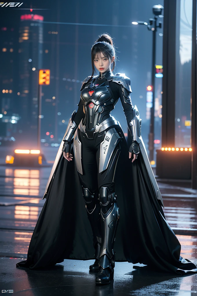 game art,best picture quality,Highest resolution,8k,((A half-length photo)),((portrait)),(rule of thirds),Unreal Engine 5 rendering works, (Future girl),(female warrior), 22-year-old young hacker),(ancient oriental hairstyle),(Beautiful eyes full of details),(big breasts),(eye shadow),Elegant and charming,indifferent,((frown)),(A battle suit full of futuristic technology,The costume combines futuristic power armor and,Clothing is decorated with glittering patterns and emblems),cyberpunk characters,in the style of futuristic, photo poses,city background,lamp,Ray tracing,Game CG,((3D Unreal Engine)),OC rendering reflection pattern