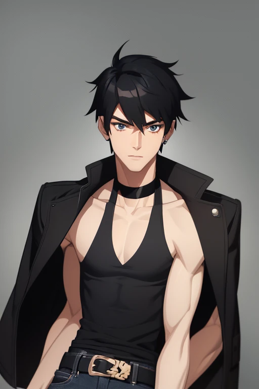 Marshall Lee Handsome 18 year old boy with black hair, brown skin, pointy ears, black eyes, gray tank top, open black jacket, black belt, blue jeans, looking directly at viewer against a white background.