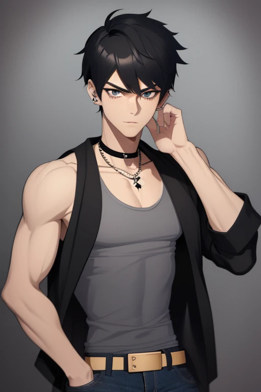 Marshall Lee Handsome 18 year old boy with black hair, brown skin, pierced ears, black eyes, gray tank top, open black jacket, black belt, blue jeans, looking directly at viewer on a white background.