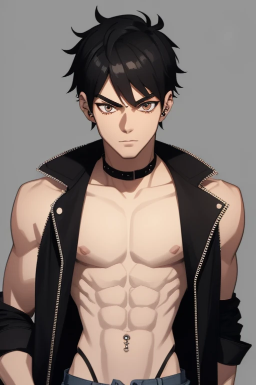 Marshall Lee Handsome 18 year old boy with black hair, brown skin, pierced ears, black eyes, gray tank top, open black jacket, black belt, blue jeans, looking directly at viewer on a white background.