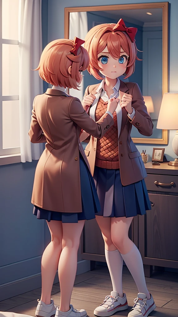 Sayori from ddlc, blue eyes, short coral pink hair with a strand between her eyes, red bow in her hair, brown jacket, orange sweater, navy blue skirt, white shoes, Room at night, artificial lighting, looking in the mirror, mirror pose, at night, in the room, bed, desk, some books on a shelf, a window in the room, looking at yourself, mirror pose