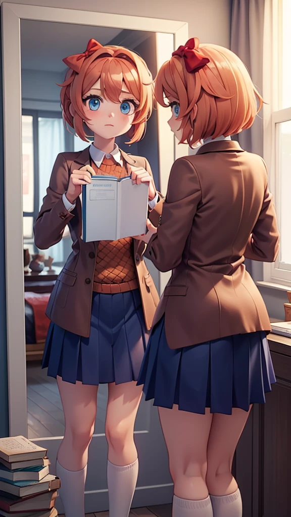 Sayori from ddlc, blue eyes, short coral pink hair with a strand between her eyes, red bow in her hair, brown jacket, orange sweater, navy blue skirt, white shoes, Room at night, artificial lighting, looking in the mirror, mirror pose, at night, in the room, bed, desk, some books on a shelf, a window in the room, looking at yourself, mirror pose