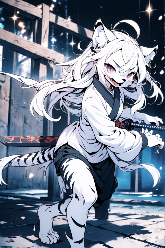 quality\(8K,Extremely detailed CG unit wallpaper, masterpiece,high resolution,top-quality,top-quality real texture skin,Surrealism,提high resolution,RAW photos,Best quality,Very detailed,,light,Ray Tracing,Golden Ratio\),furry,furry,hairy,hairy,White Tiger少女,White Tiger,White Tiger,White Tiger,tiger,White Tiger,White Tiger少女,全身White hair,White Hair,White hair,Snow background,Snow and ice theme,Hanfu,Hanfu下摆,遮住大腿的Hanfu下摆,穿着Hanfu,中式Hanfu,手持Long Sword,Sword in hand,Martial arts style,手持Long Sword的White Tiger少女,Full body close-up,Lean forward,Juhechop,Draw the sword and cut,手持Long Sword,持有Long Sword,拿着Long Sword,Long Sword,Long Sword,Long Sword,Highlight the role,Sassy,Cold,poker face,Loose long hair,Loose long hair,Cold气质,Loose long hair,Cold,Blood-red eyes,Maniac