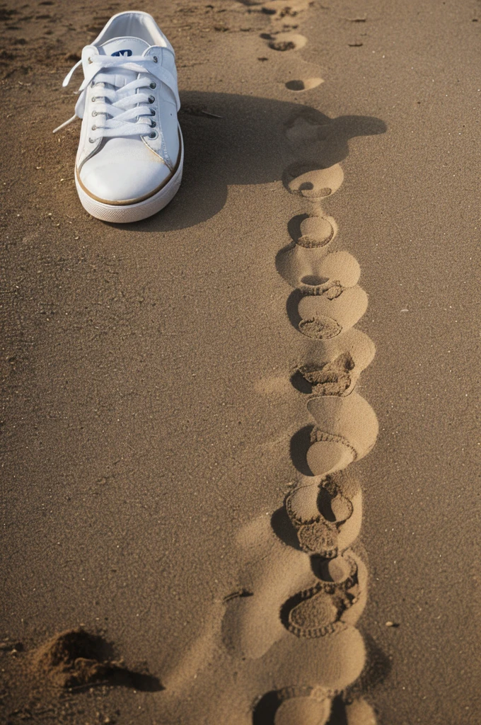 Sad and upset and dirty white shoe x footprints