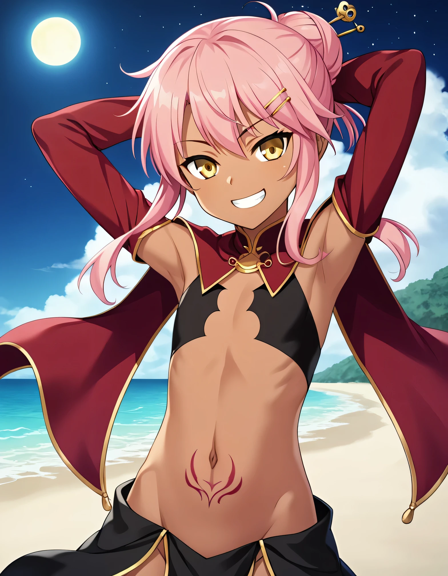 chloebase, pink hair, long hair, hair bun, hairpin, yellow eyes, dark skin, dark-skinned female, long sleeves, stomach tattoo, midriff, waist cape, 1girl, solo, younger, flat chest,
high quality, solo, night sky, beach, arms behind head, contrapposto, closed mouth, spread armpits, (cowboy shot:1.5), looking at viewer, grin, best quality, game cg, anime screencap, official art, masterpiece, best quality
