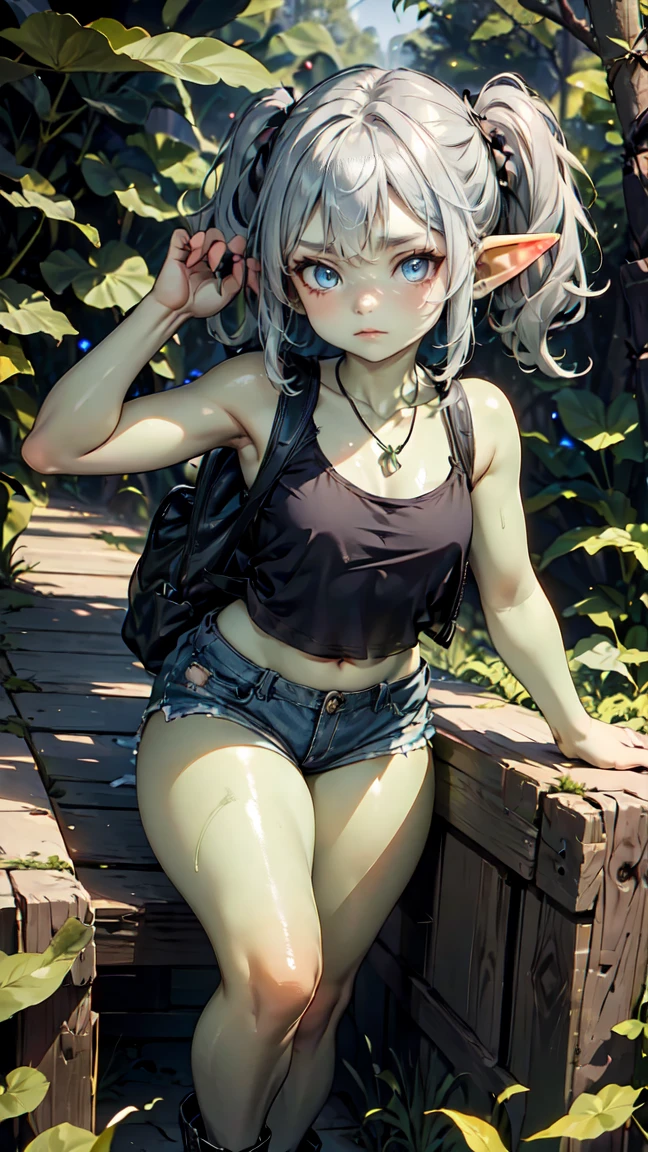 1 girl, solo ((best quality)), ((masterpiece)), (detailed), 4k, deep green skin, tiny pointy ears, 3 foot tall mature goblin woman with silver hair color, pigtails, ((green skin)) wearing tanktop, hiking shorts, hiking boots, backpack, wearing rainbow friendship bracelet and leather necklace, exploring dense dark jungle, foliage is getting caught on her clothes and ripping them, trying to get through dense jungle, very dark, moonlight through trees, ripped shirt, dynamic pose, action shot, cinematic still, cinematic lighting, working hard, torn clothing, straining to get through dense jungle, climbing, crawling