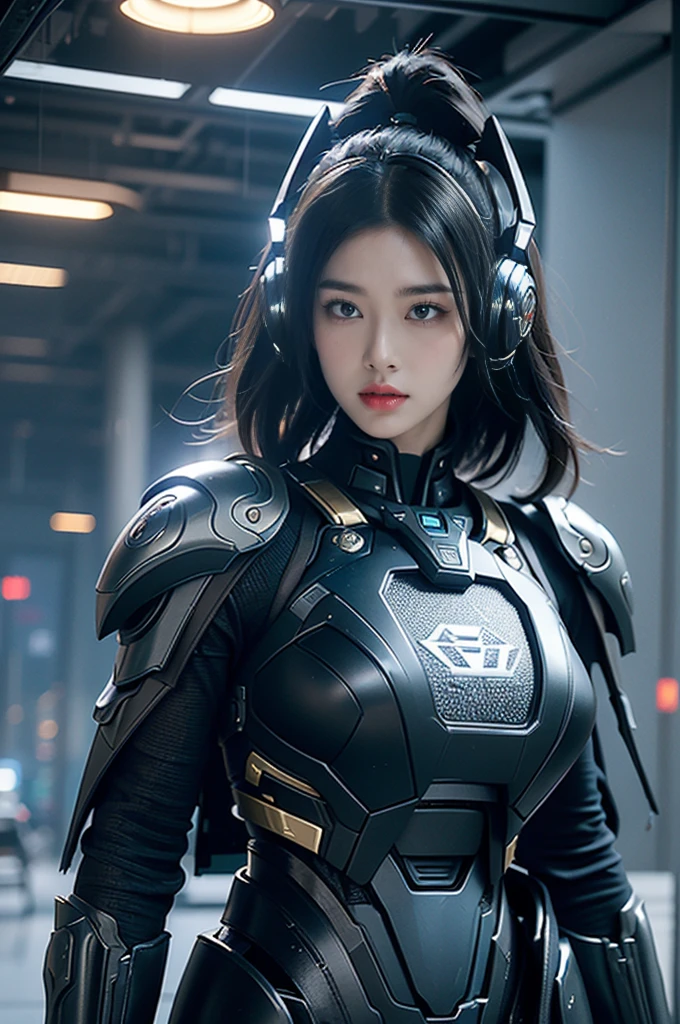 game art,best picture quality,Highest resolution,8k,((A half-length photo)),((portrait)),(rule of thirds),Unreal Engine 5 rendering works, (Future girl),(female warrior), 22-year-old young hacker),(ancient oriental hairstyle),(Beautiful eyes full of details),(big breasts),(eye shadow),Elegant and charming,indifferent,((frown)),(Combat suit full of futuristic technology,The costume combines futuristic power armor and,Clothing is decorated with glittering patterns and emblems),cyberpunk characters,in the style of futuristic, photo poses,city background,lamp,Ray tracing,Game CG,((3D Unreal Engine)),OC rendering reflection pattern