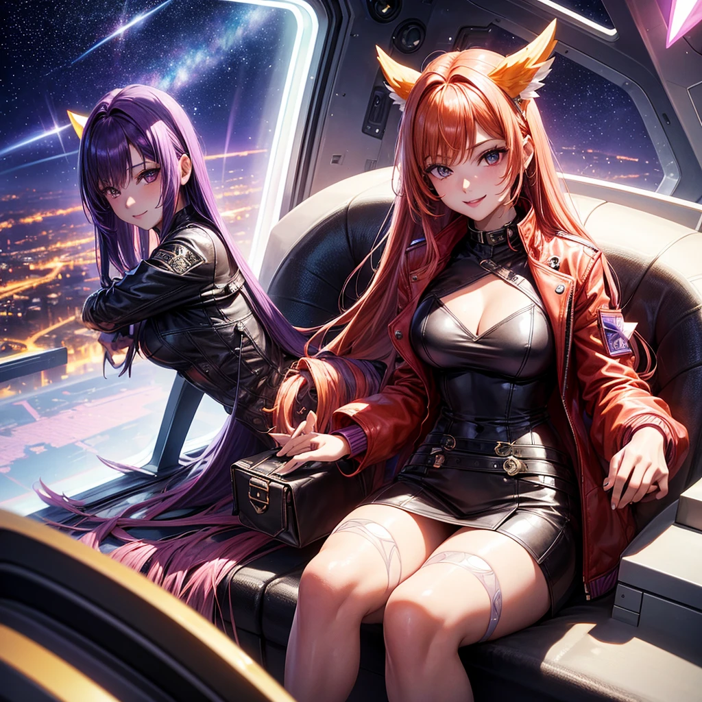 A young sexy woman with long purple hair and sexy clothes sits in a spaceship seat、A beautiful starry sky can be seen from the window.。smile,Orange hair color,Latest Fashion,Too beautiful girl,leather jacket,Future Fashion,Angel girl,Pink Hair,Horny girl