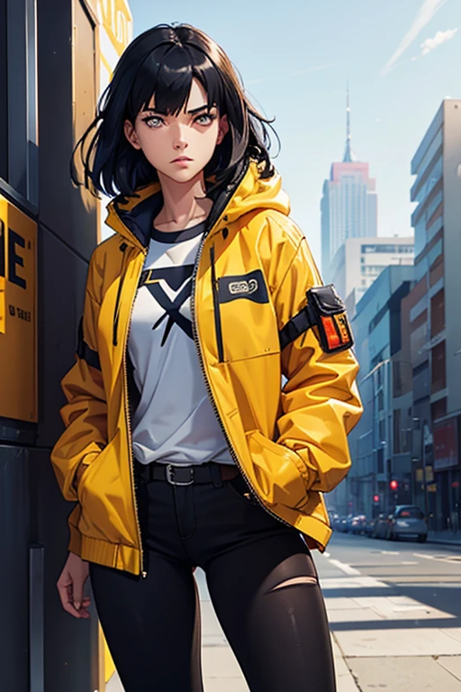 A girl, yellow jacket, hands in pockets, looking at someone else, long black hair, heterochromic eyes, heterochromic eyes, heterochromic pupils, 8k resolution, very detailled, anatomically correcte, digitalpainting, conceptual artwork, Makoto Shinkai style, clear image,  